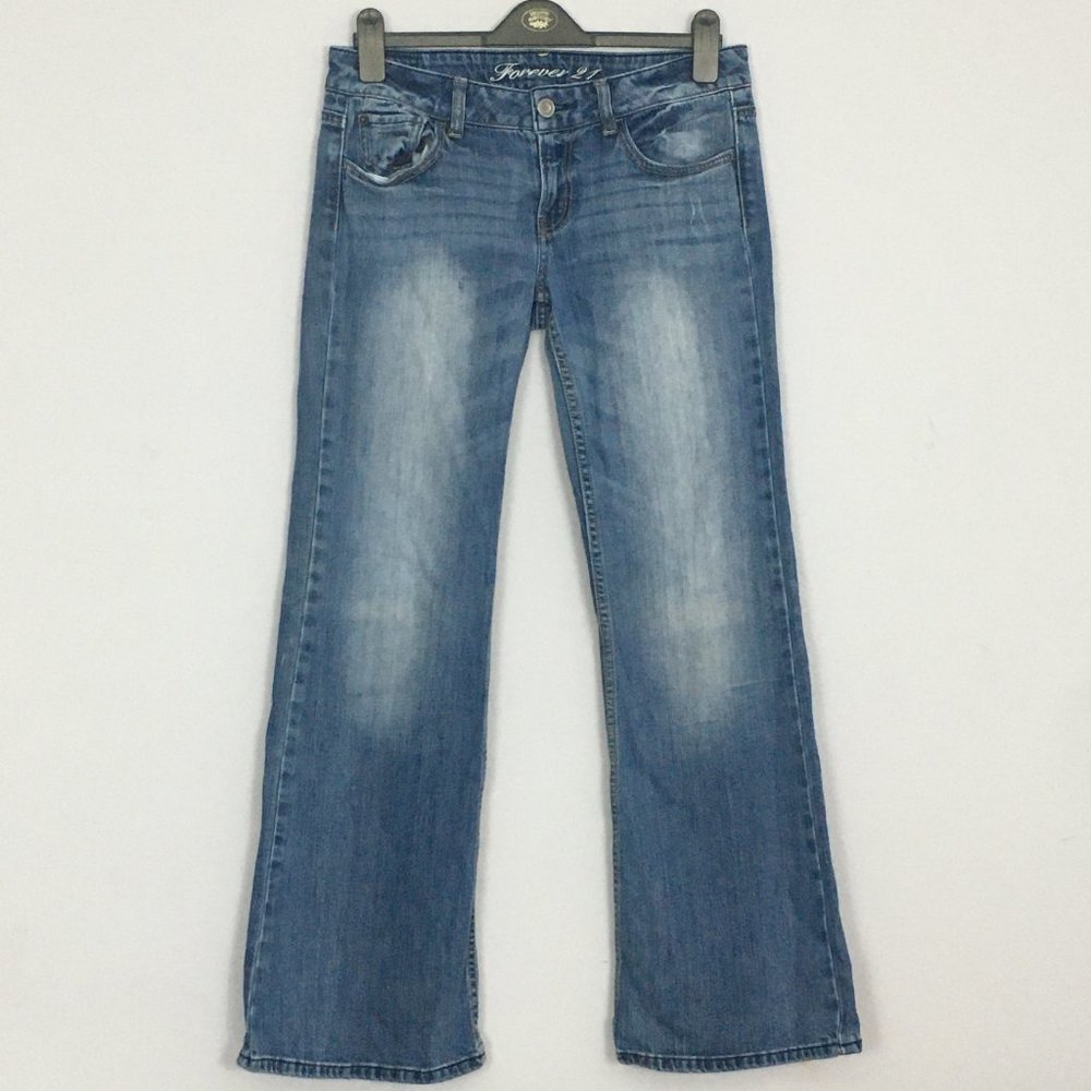 Forever 21 Womens 29 Medium Wash Low Rise Embroidered Pockets Flare Blue Jeans